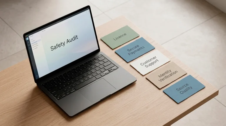 Trust checklist with licence, payments, support and safety notes