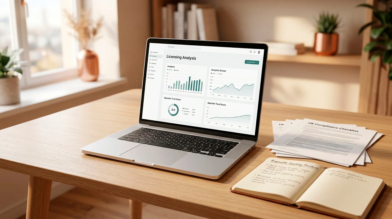 Editorial review desk with a licence checklist and casino research notes