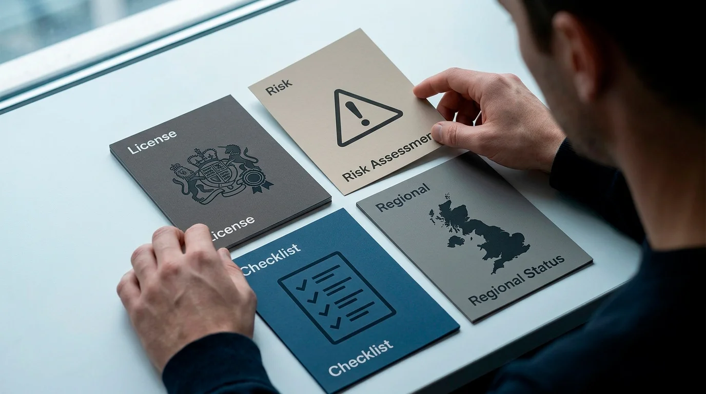 Reader comparing licence, availability and restriction signals on a review board