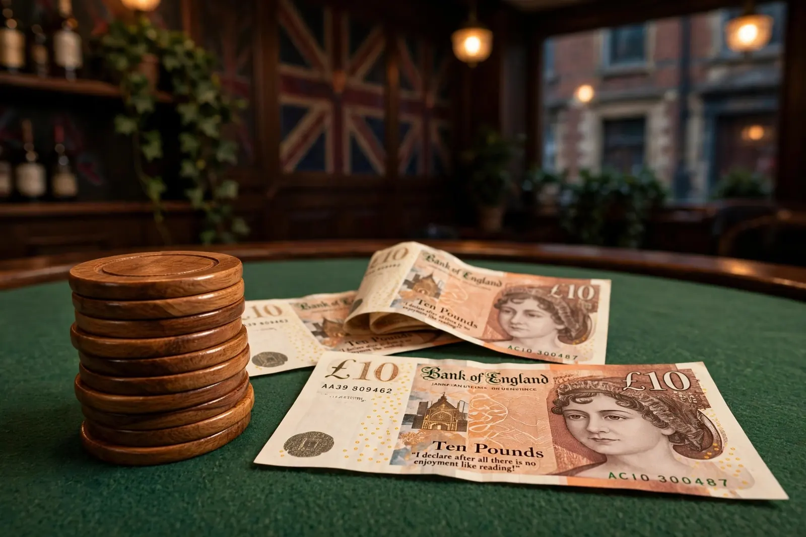 British £10 banknotes alongside stacked casino chips on a green felt table.