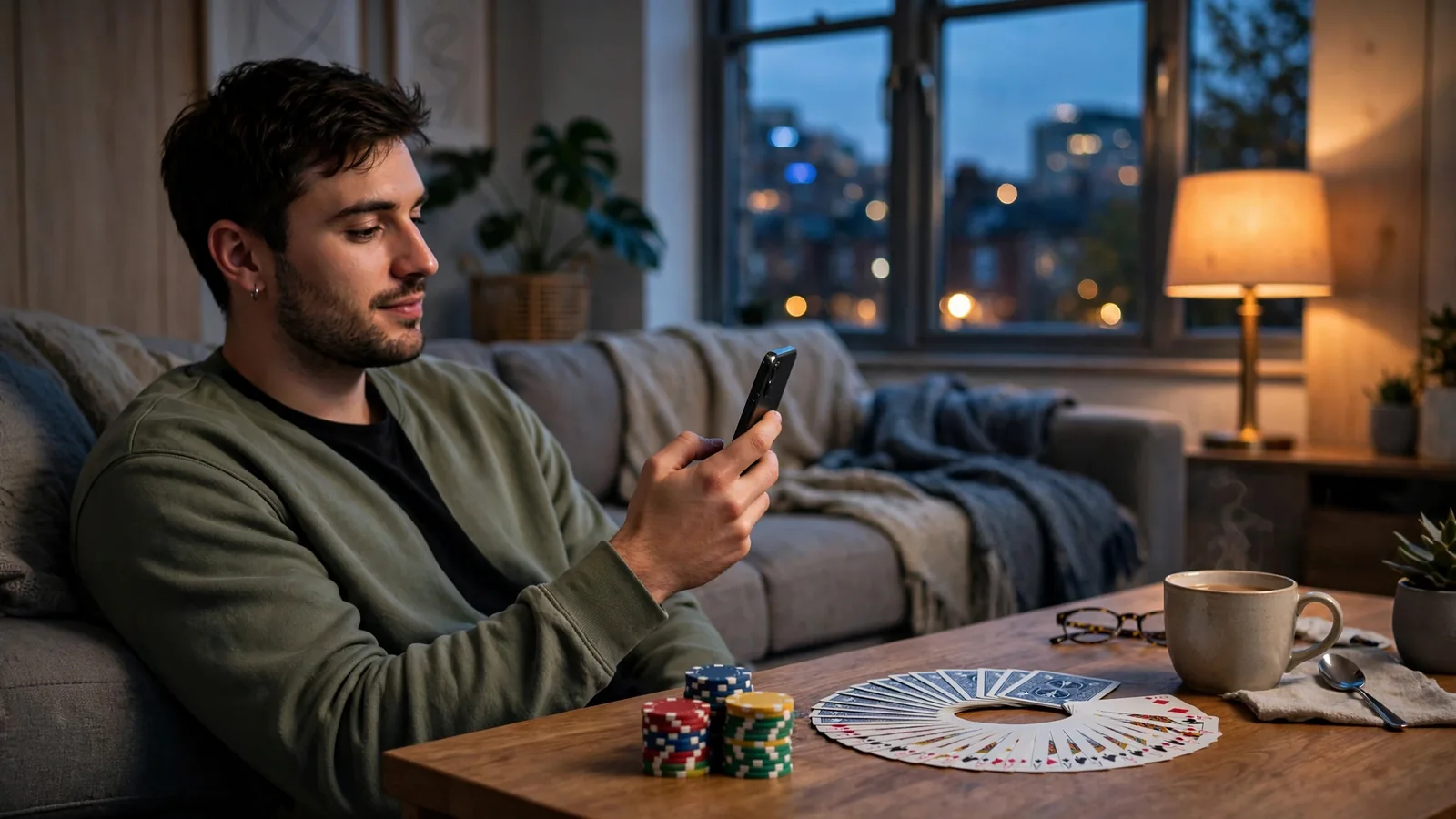 Young UK player holding a smartphone with casino chips and cards on a coffee table