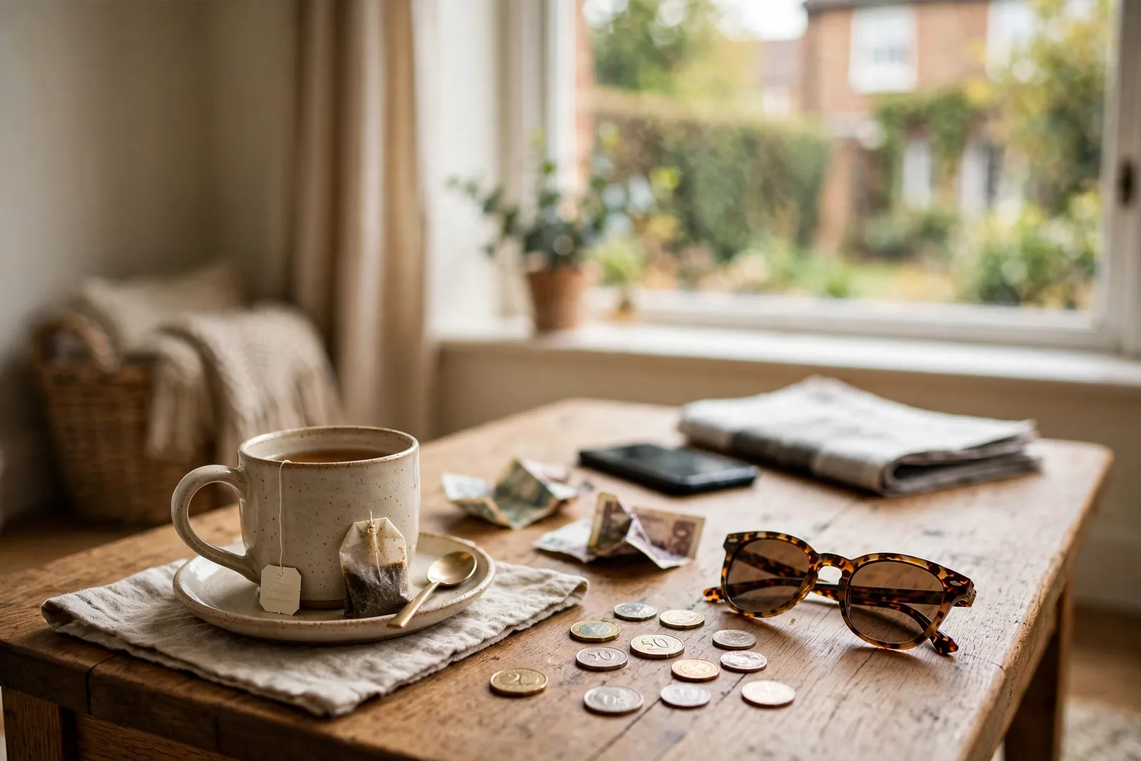 British pounds, tea, and sunglasses on a wooden table near a window