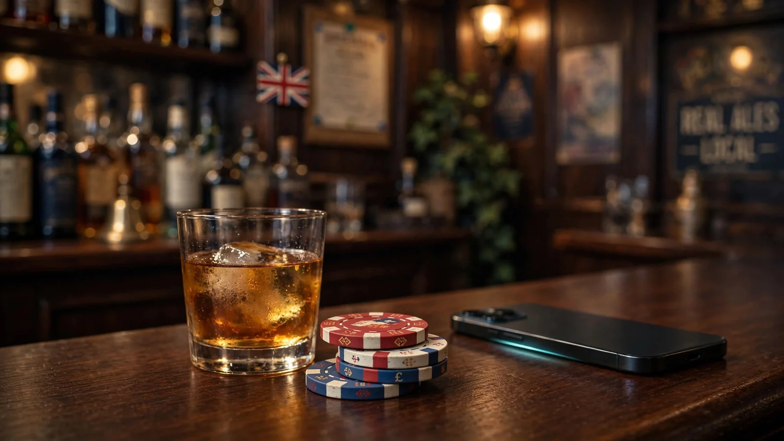 British pub-style bar with casino chips, a face-down phone, and a warm drink at evening