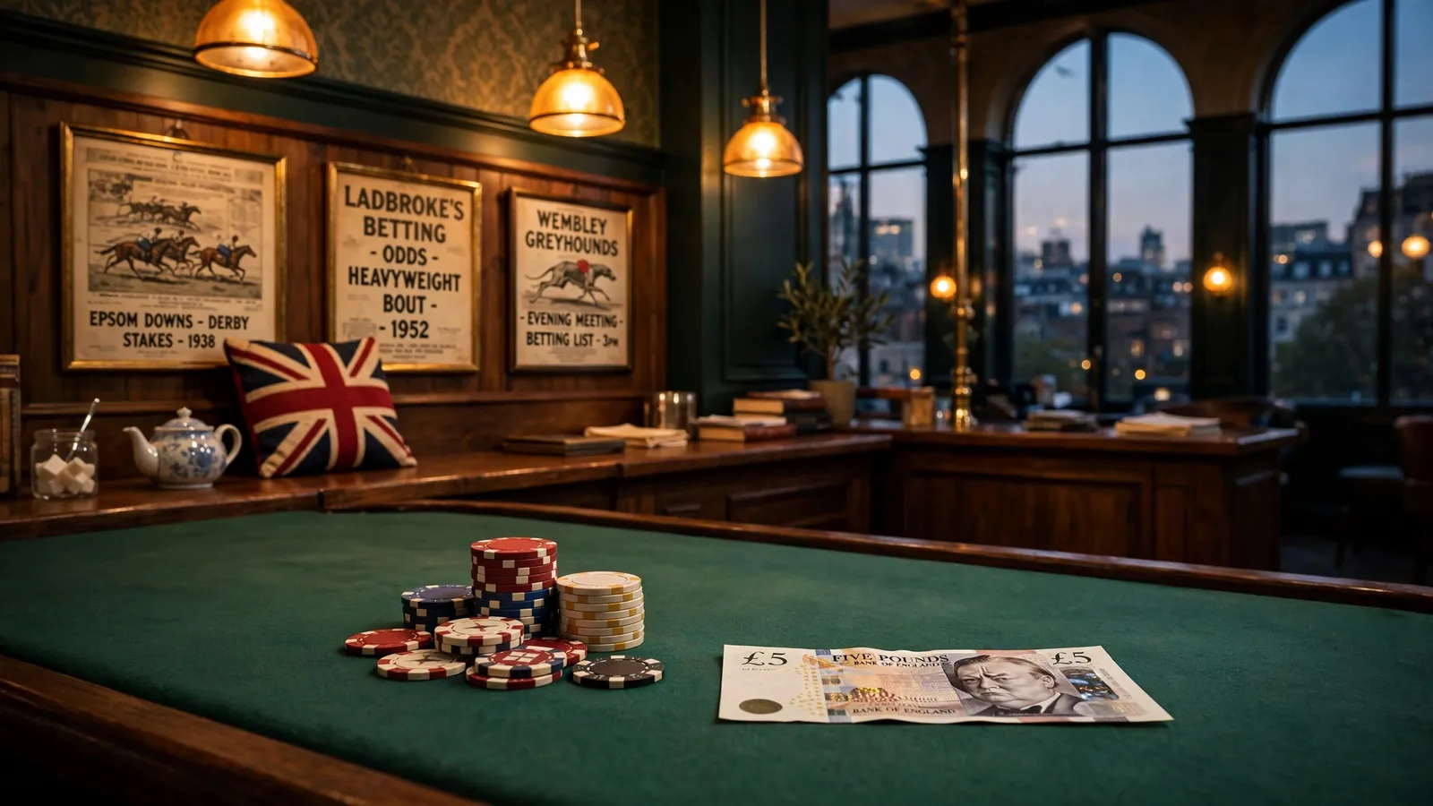Cozy UK casino lounge interior with poker chips and British pub touches