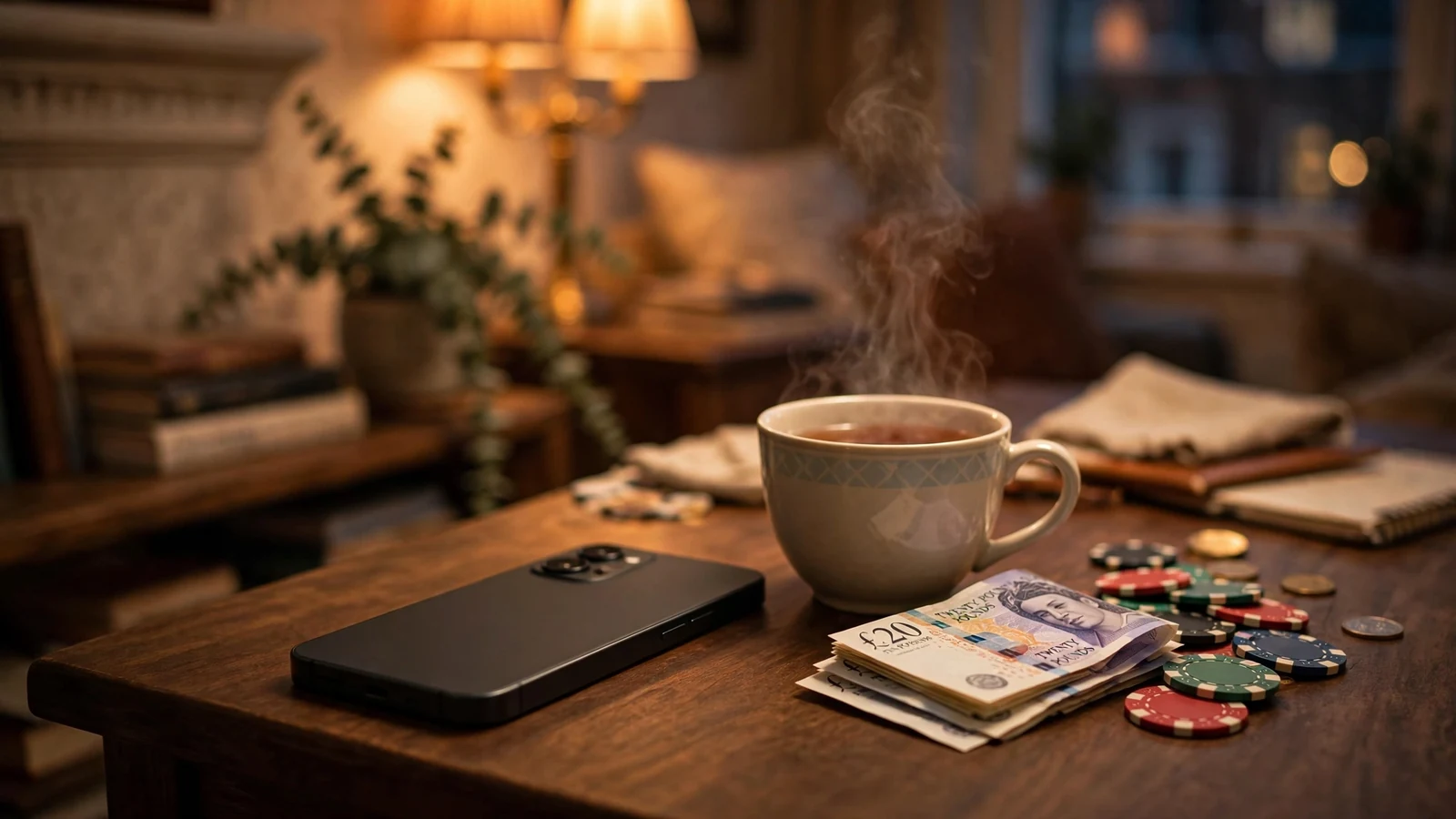 Smartphone face-down with British pounds and casino chips on a table, London evening