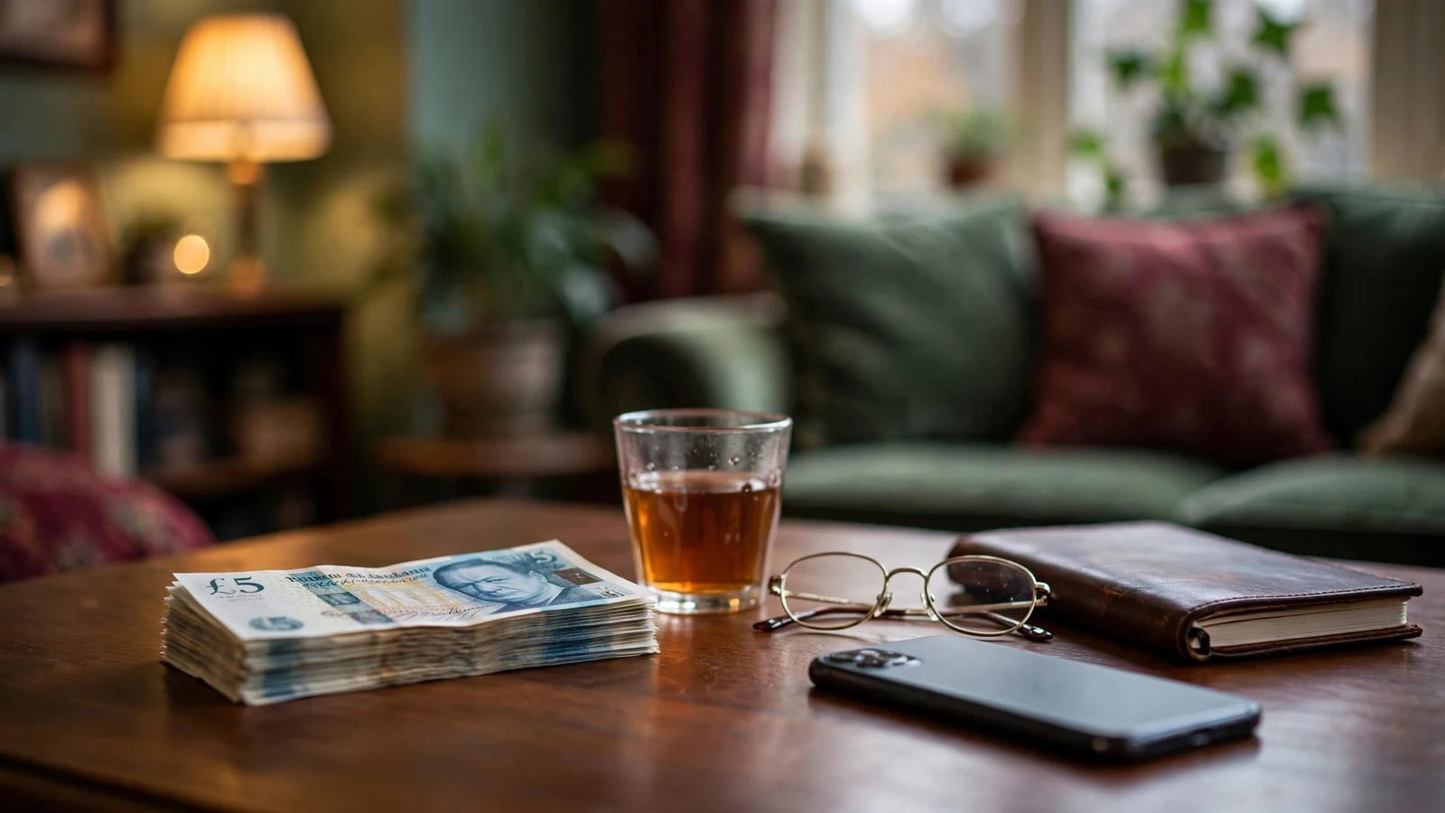 British five-pound notes beside tea and a closed notebook on a wooden desk, suggesting low-budget online casino deposits in the UK.