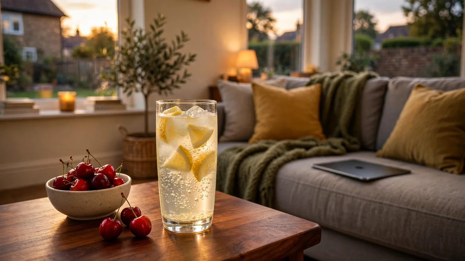 Bubbling drink and cherries on a table in a cozy British living room at dusk