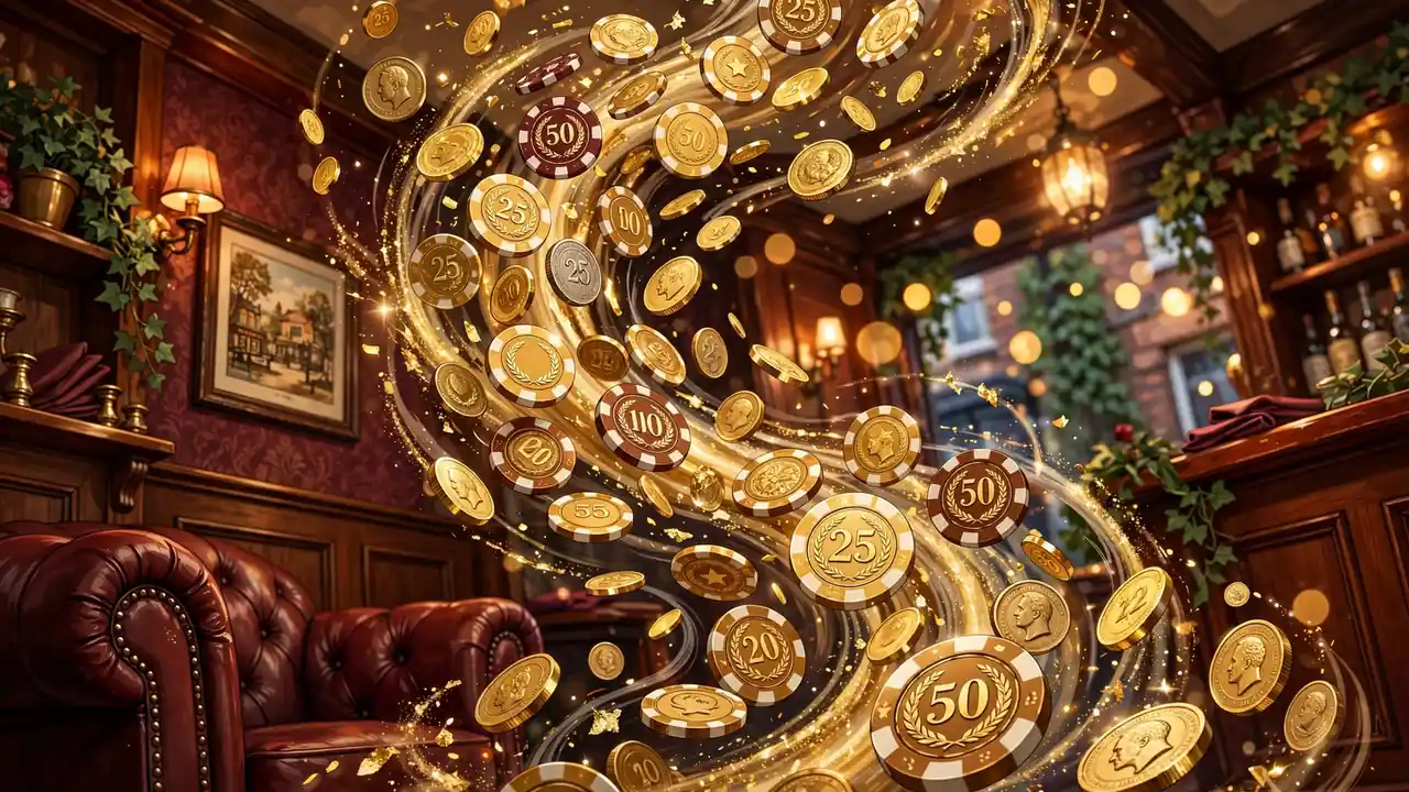 Golden casino chips swirling above a warm British pub lounge scene