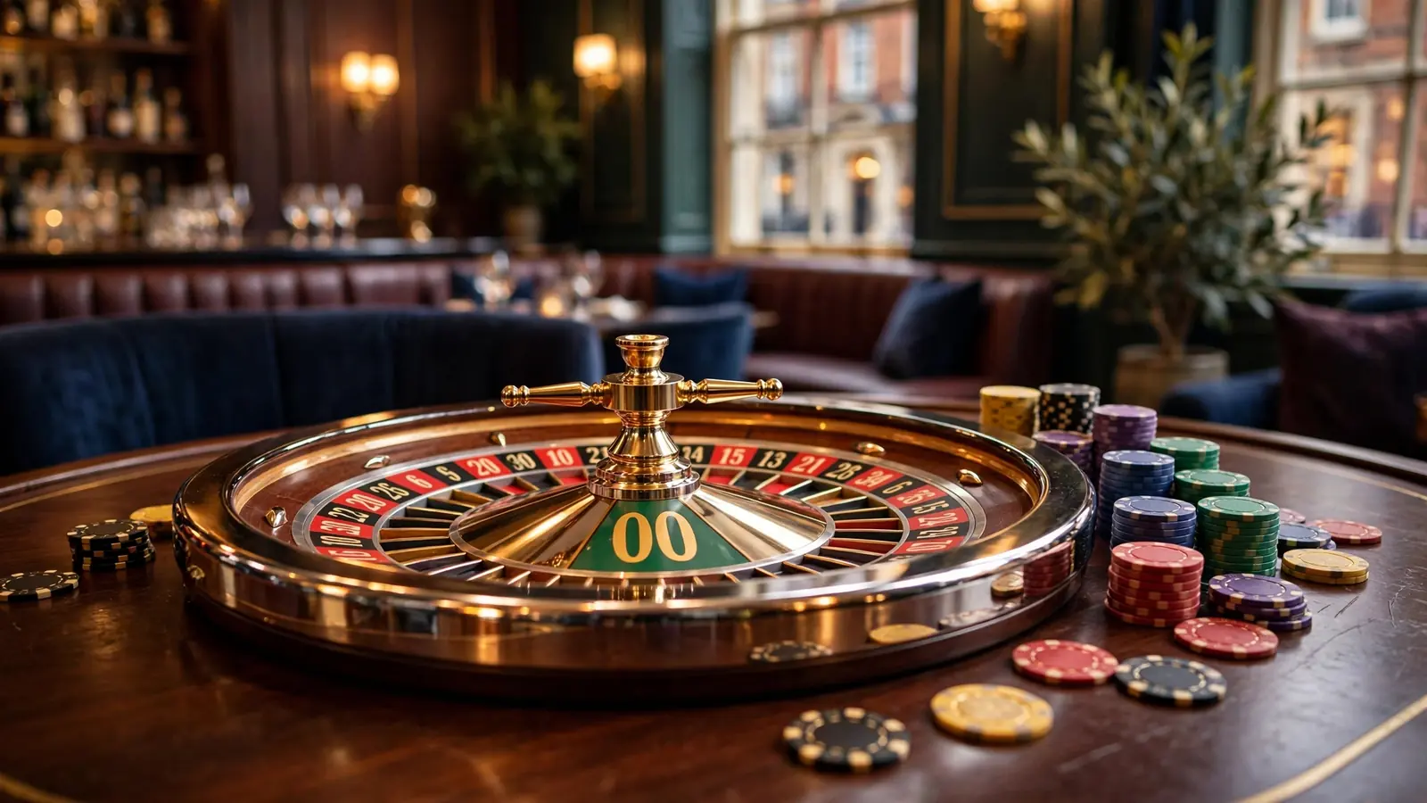 American roulette wheel with colorful chips on a polished casino table in a UK lounge atmosphere.