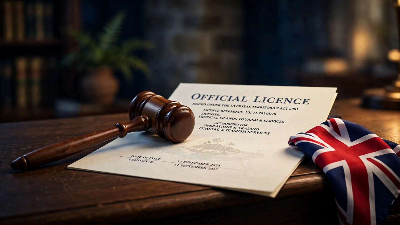 Wooden gavel on licence document with island watermark and Union Jack detail