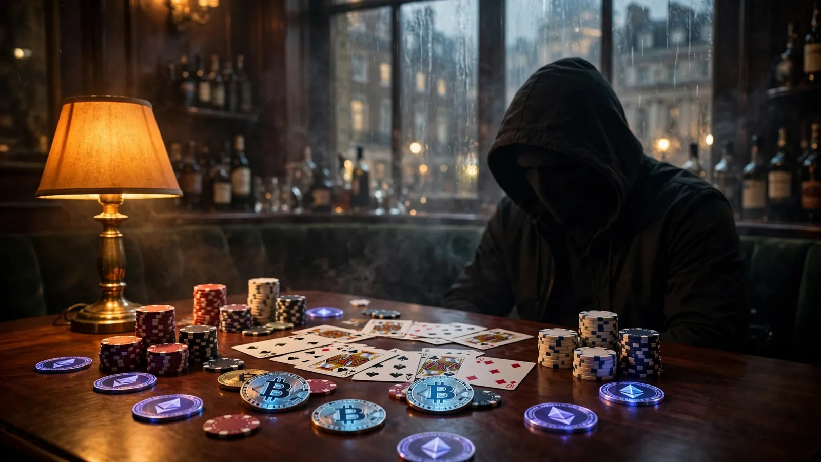 Hooded figure at a gambling table with crypto coins, London skyline through a rainy window