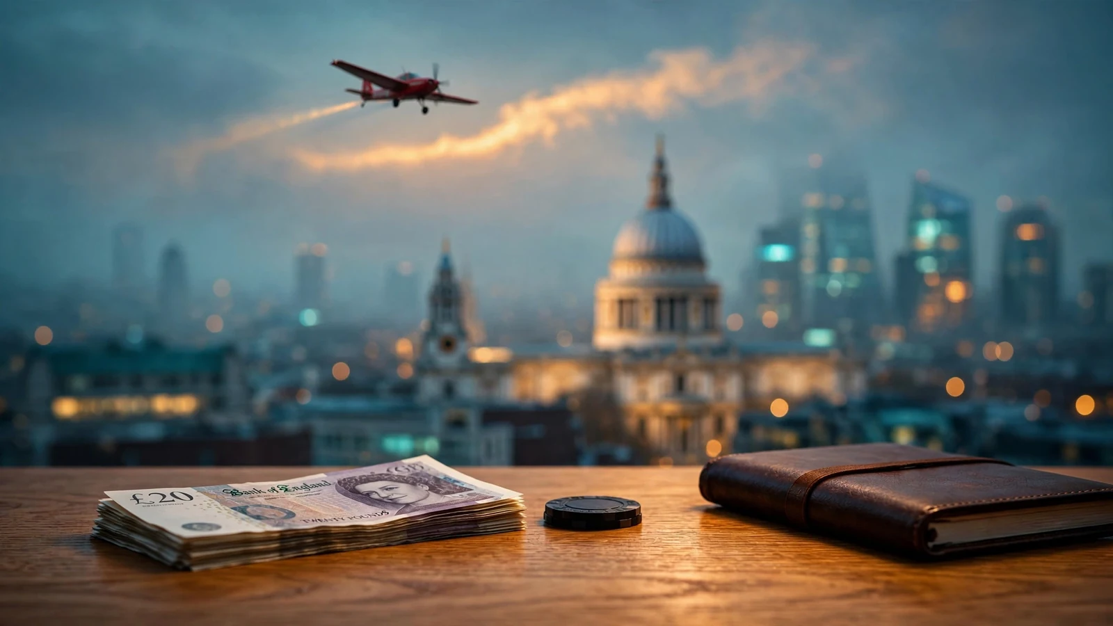 Red toy airplane flying over London skyline with a casino chip on a table