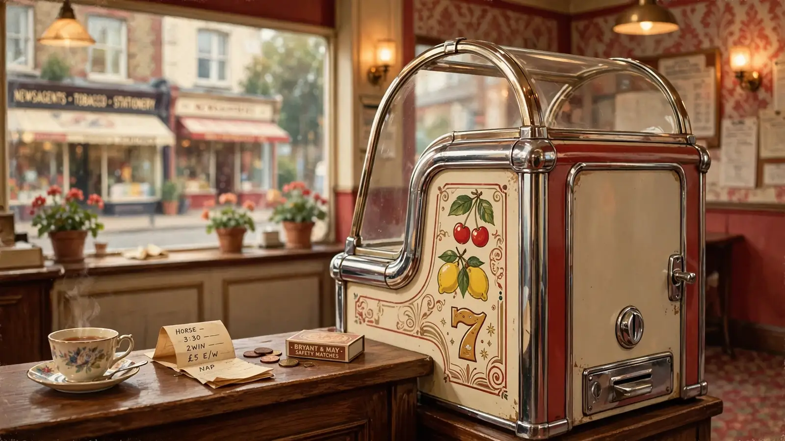 Retro illustration of a vintage slot machine in a British arcade