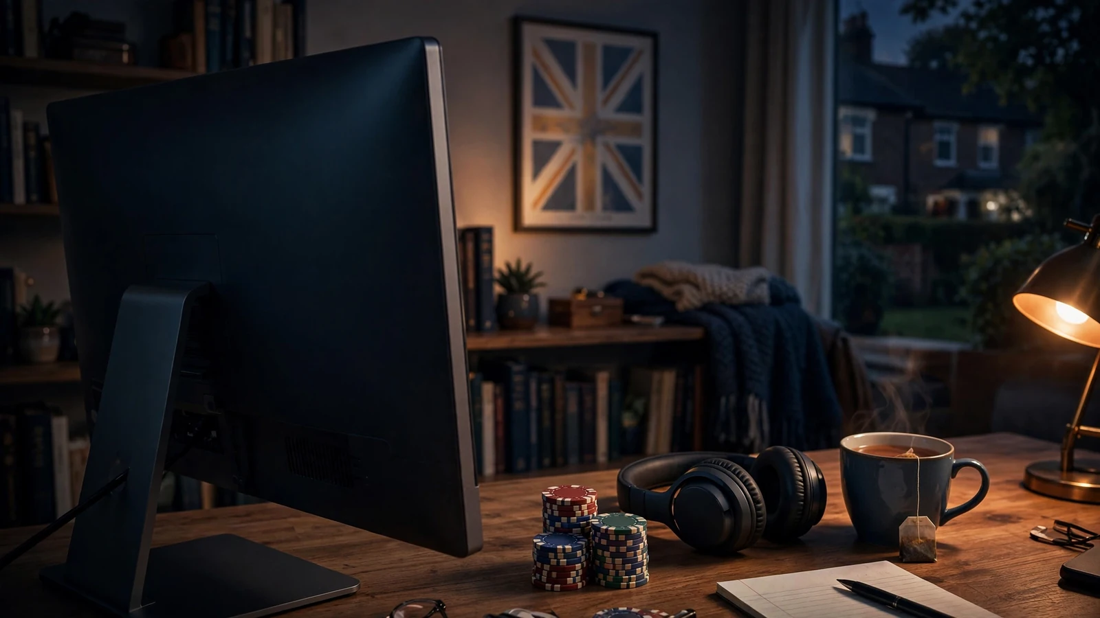 UK online casino gaming setup with turned-away monitor, poker chips, and British home office atmosphere.