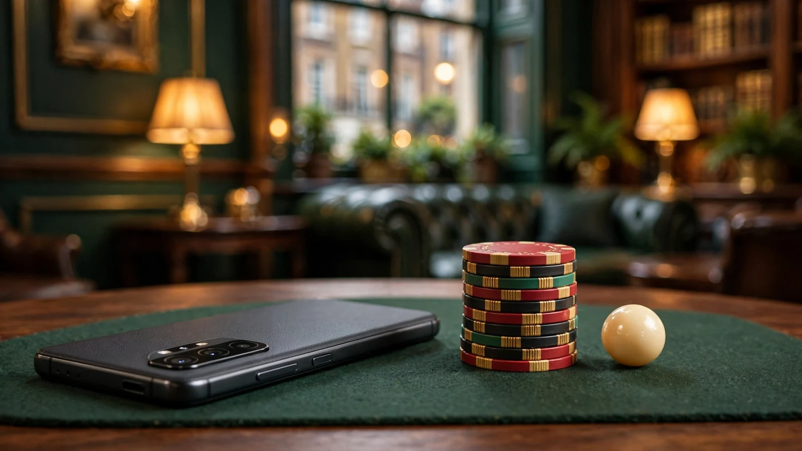 Android smartphone beside casino chips and roulette on a felt table in a London-style gaming lounge