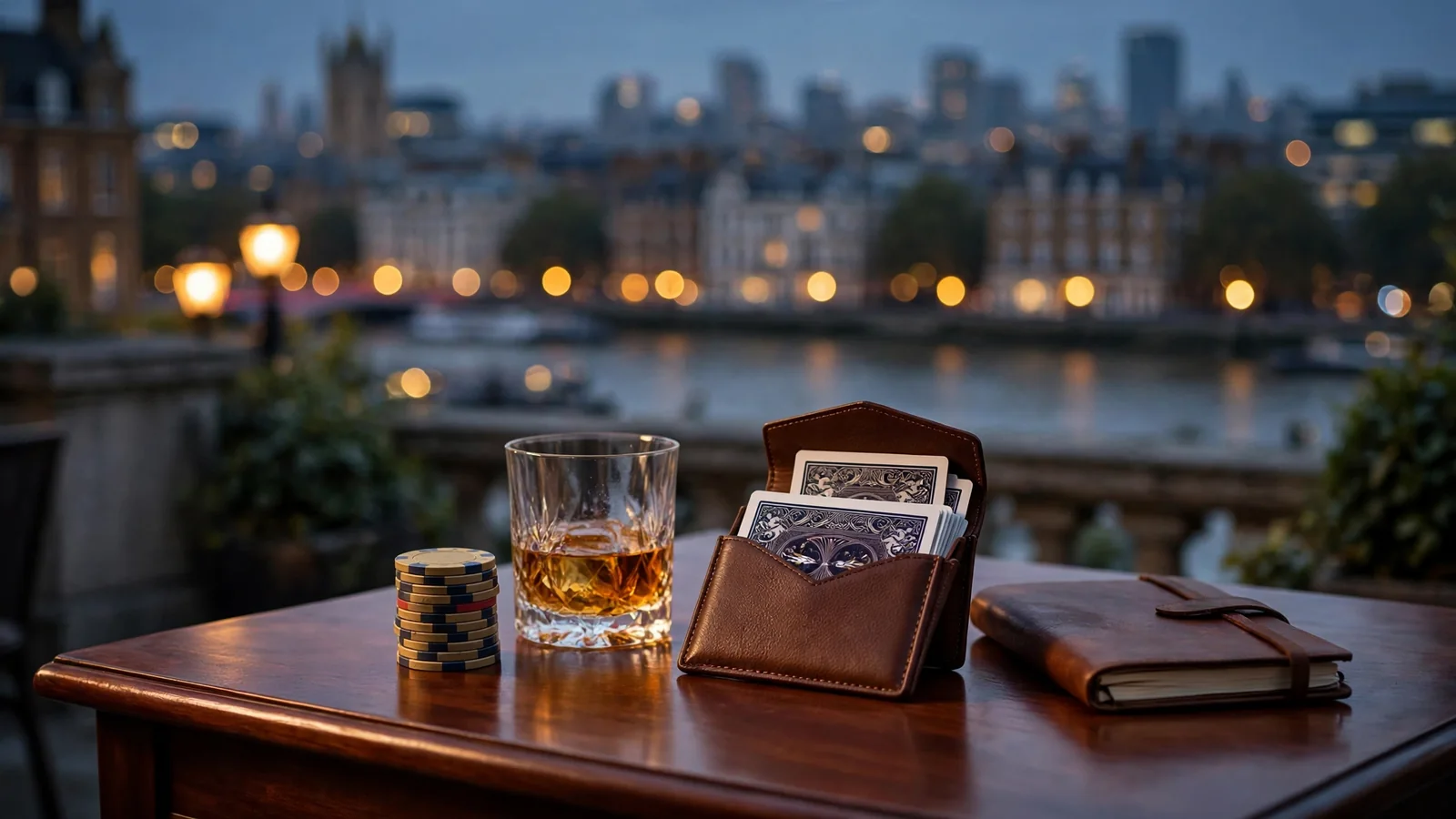 Elegant London riverside casino-themed scene with chips and cards on a mahogany table at dusk.