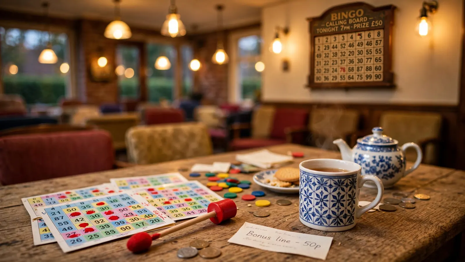 Cozy British bingo table with cards, red dauber, chips, and a teacup.