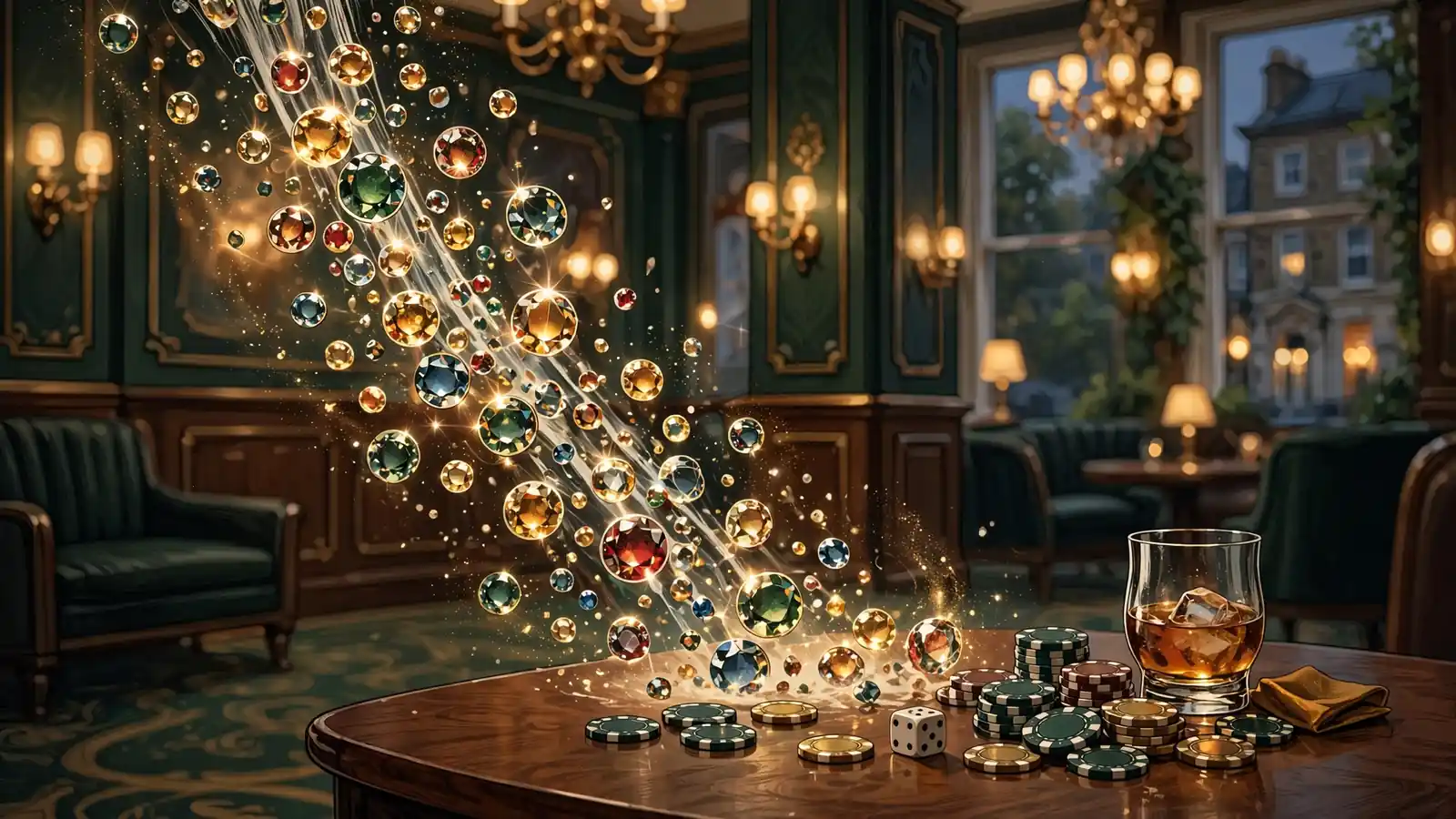 Stylised illustration of a British casino lounge with cascading glowing orbs and chips on a table