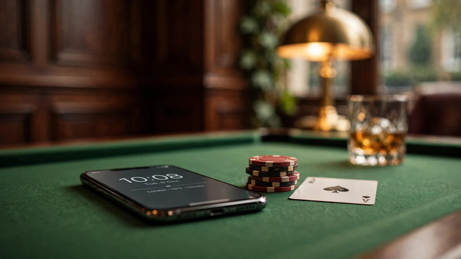 Smartphone on green felt with casino chips in elegant British lounge