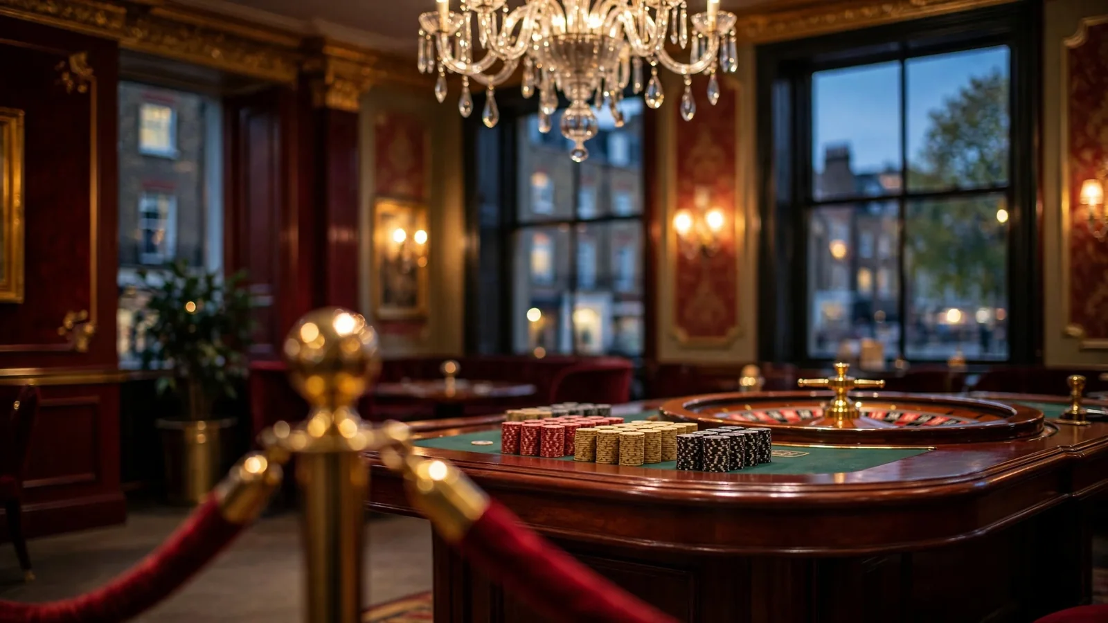 Elegant London casino lounge with chips and roulette wheel