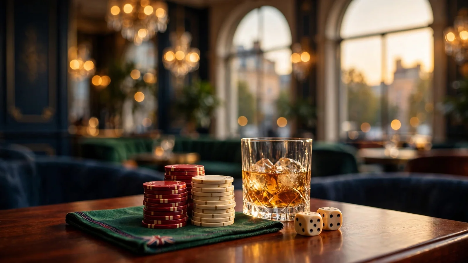 London casino lounge with poker chips, whisky tumbler, and warm amber evening lighting