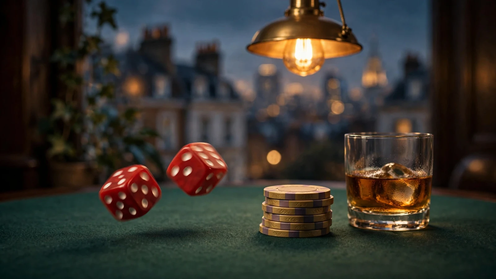 Red dice and casino chips on a green felt table with warm lighting
