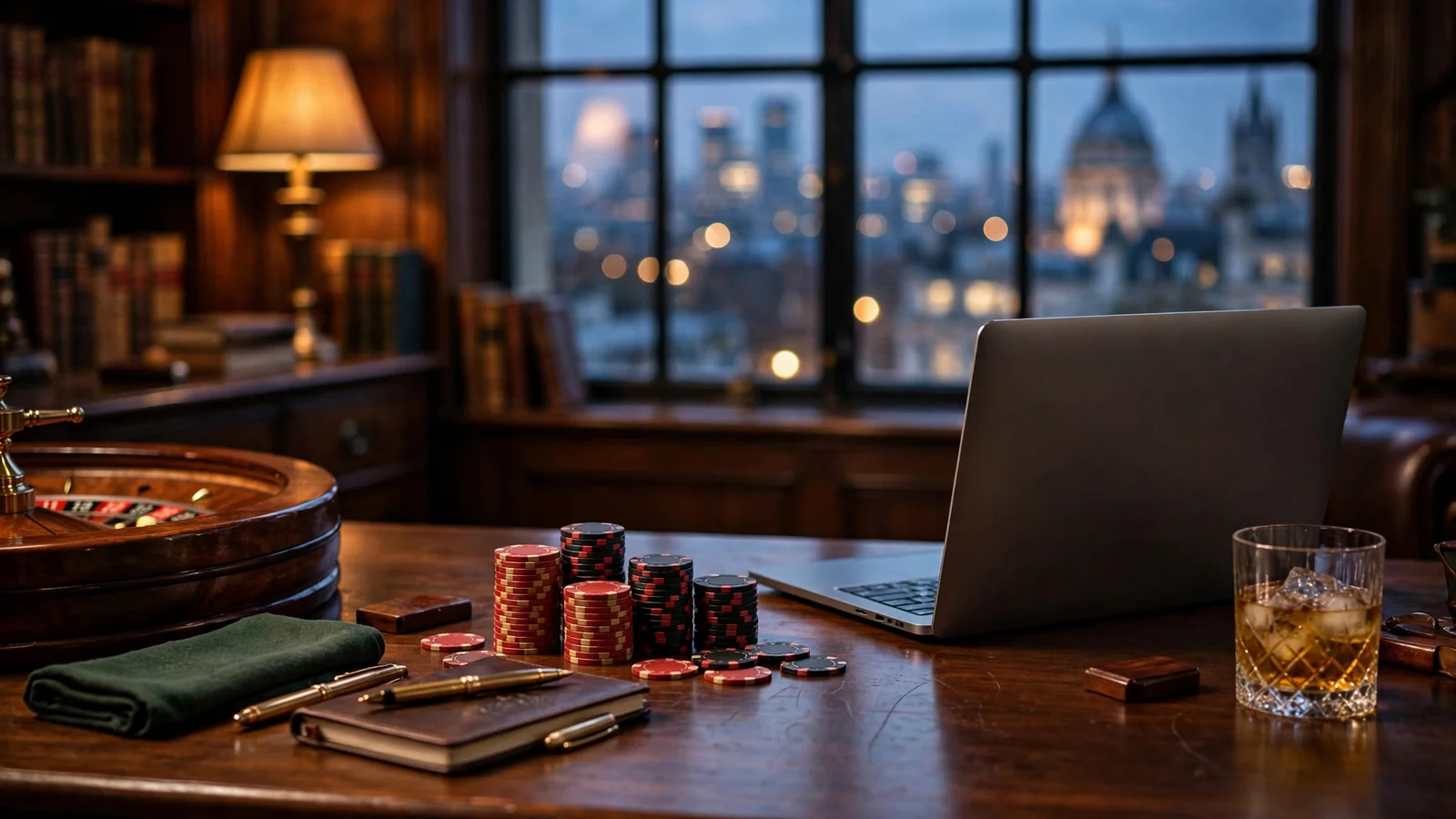 Elegant British study desk with laptop, casino chips, and roulette wheel overlooking London skyline