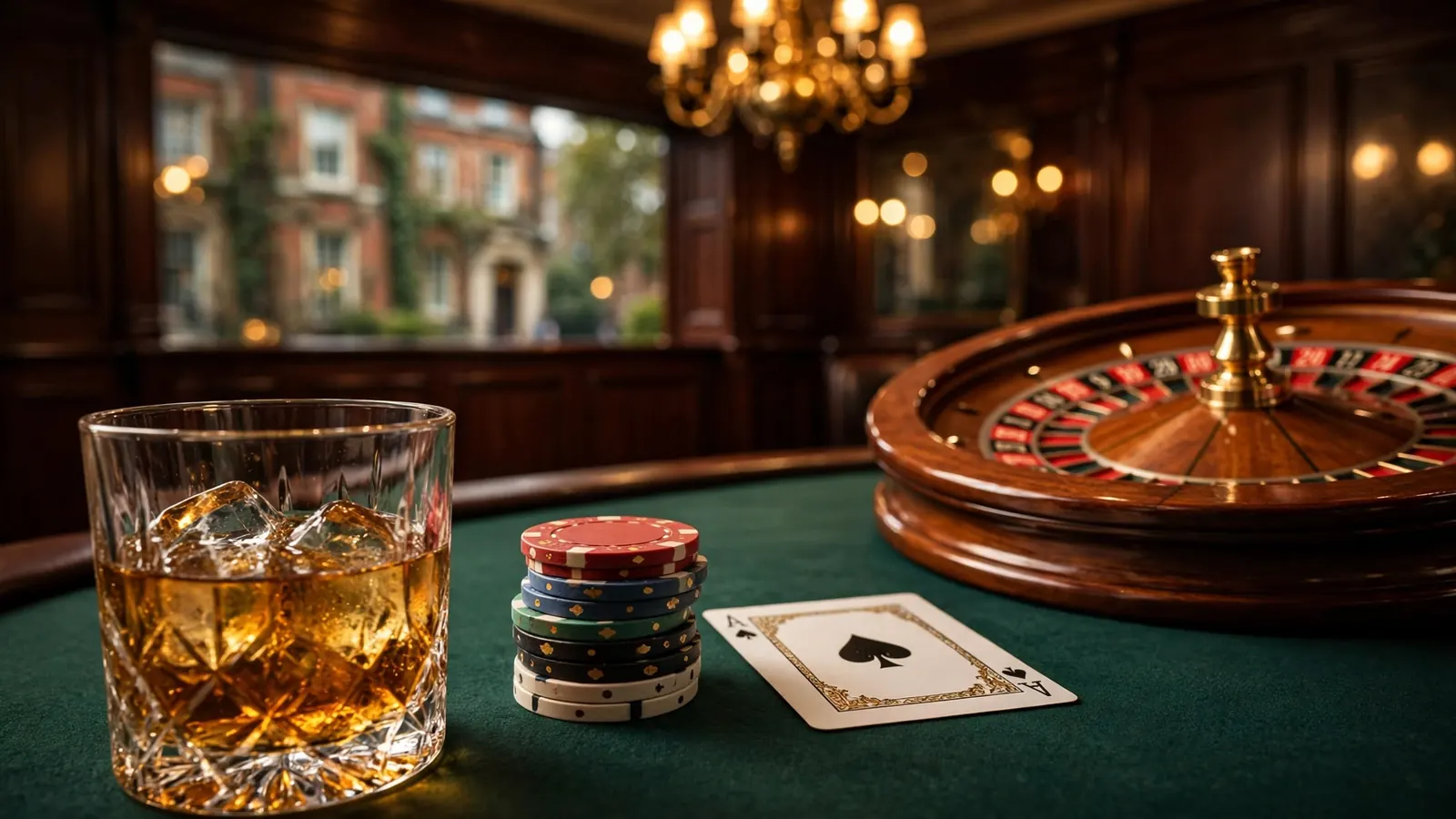 Elegant casino tabletop with roulette wheel, chips, card, and whisky in British club setting