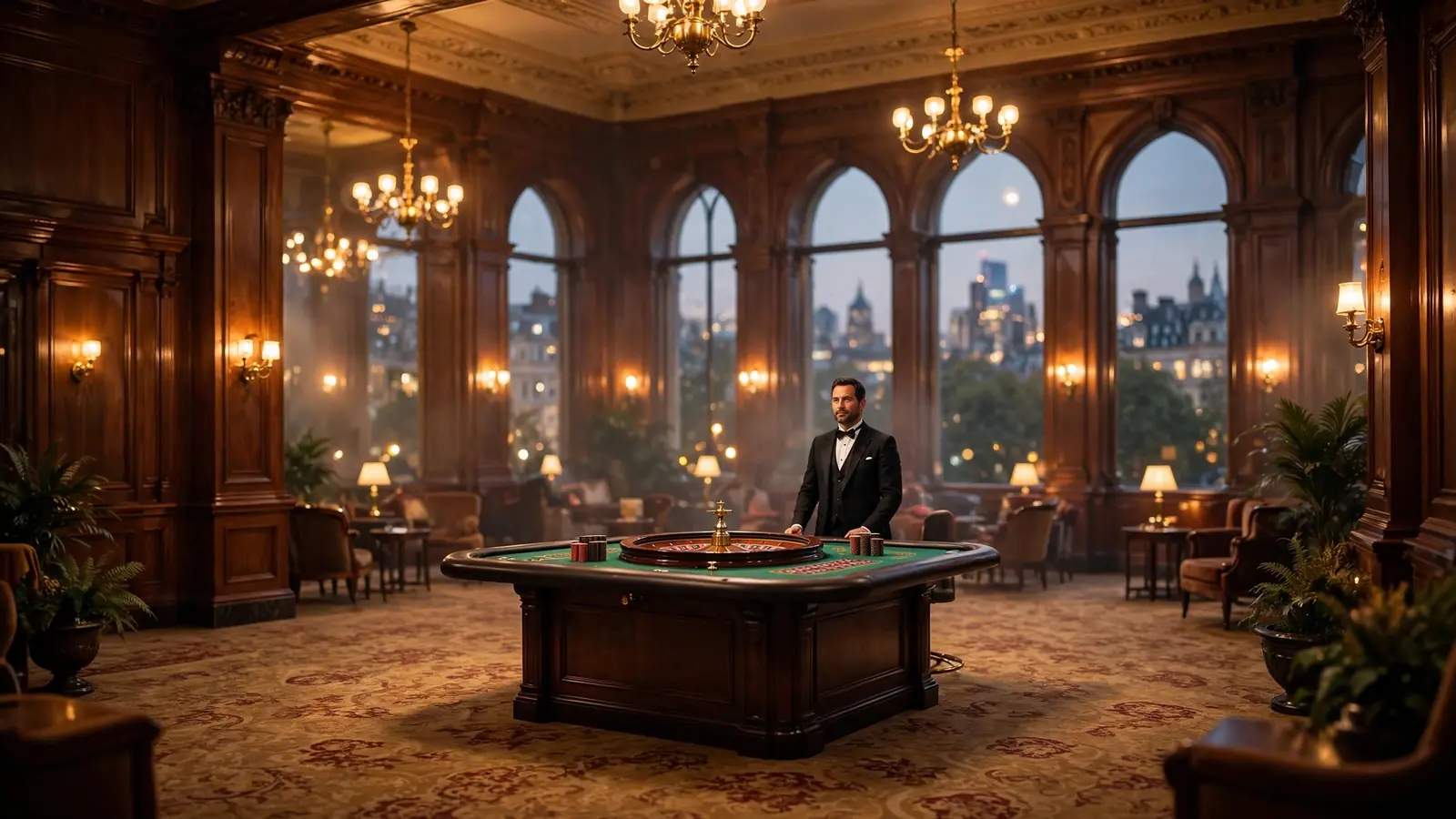 Elegant live casino studio with a croupier at a roulette table, British setting with London skyline