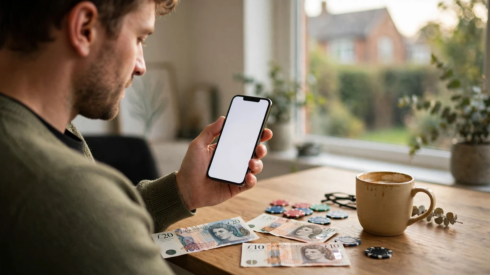 British man checking smartphone with pound notes and casino chips on desk