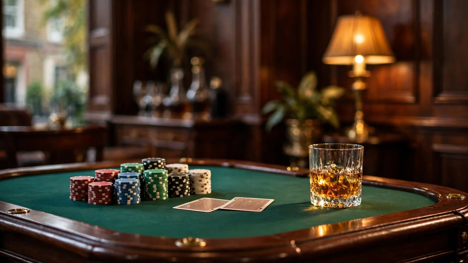 Elegant British casino table with stacked poker chips, face-down cards, and a whisky tumbler under warm golden lighting.