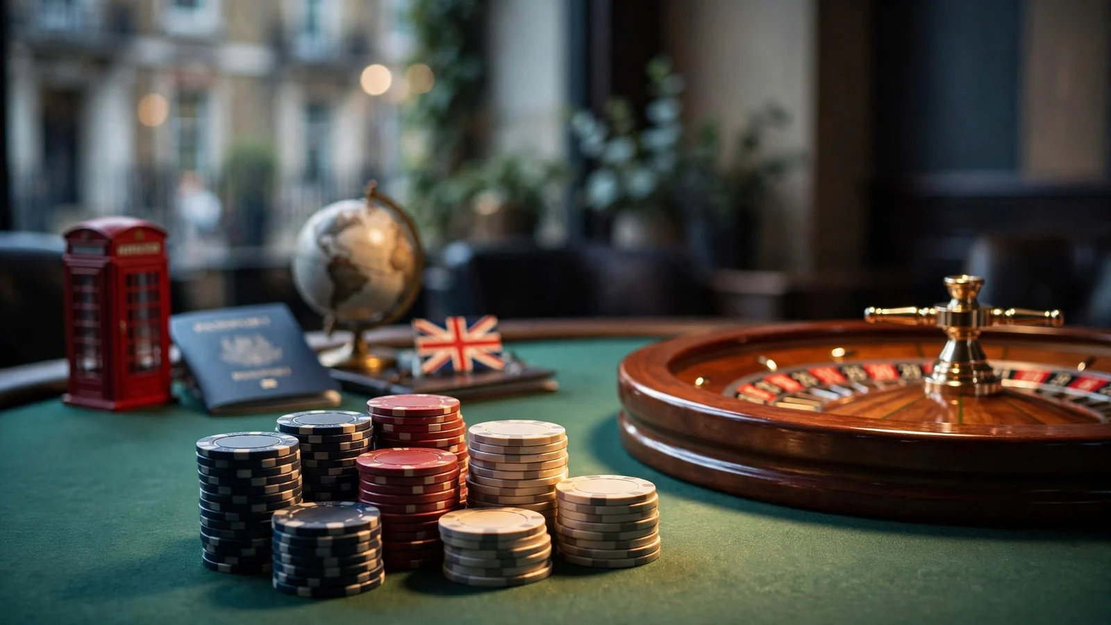 Casino chips and roulette wheel with British passport and globe on green felt.