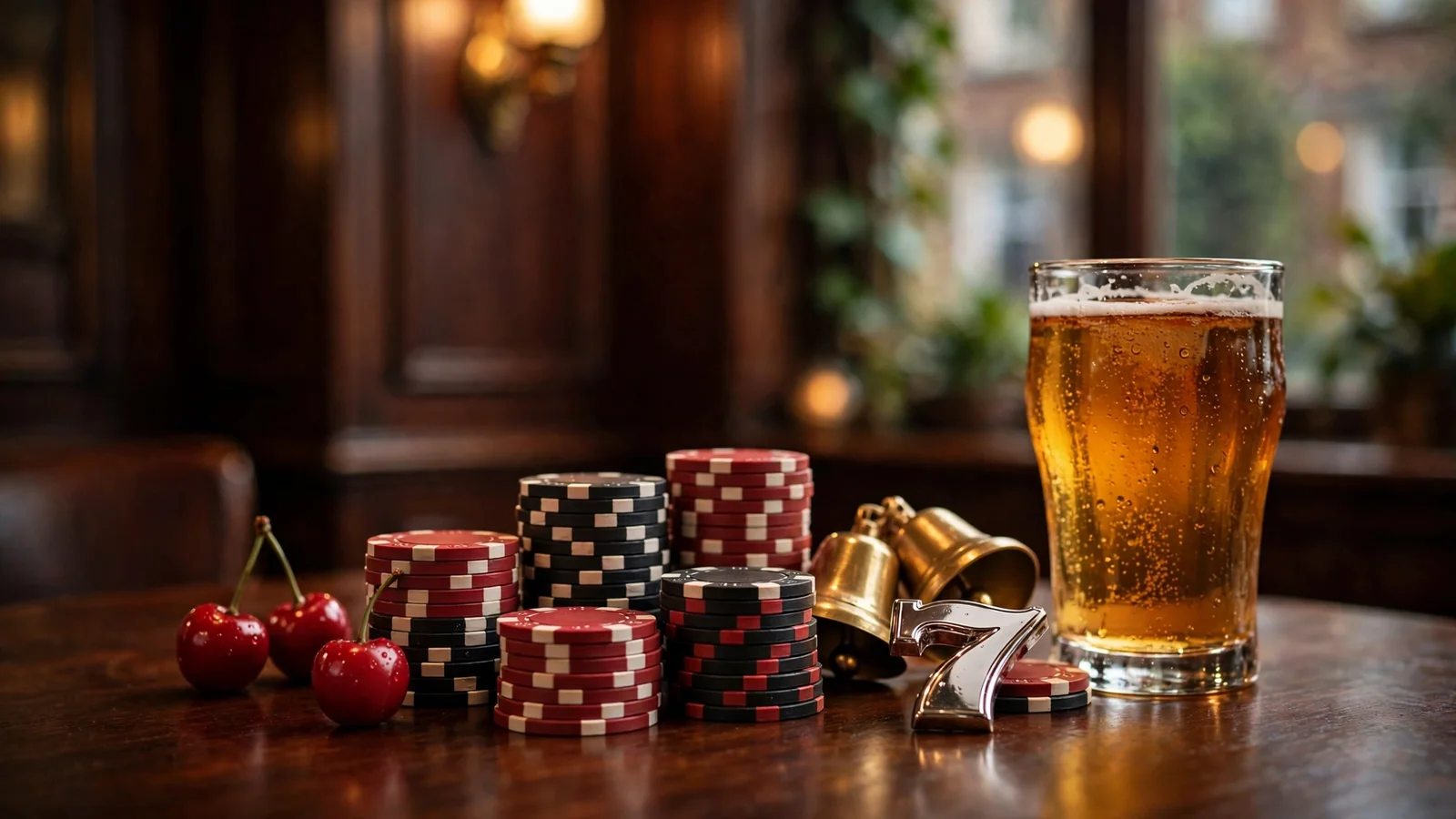 Casino chips and vintage slot symbols arranged on a dark wooden bar counter in warm British lounge lighting