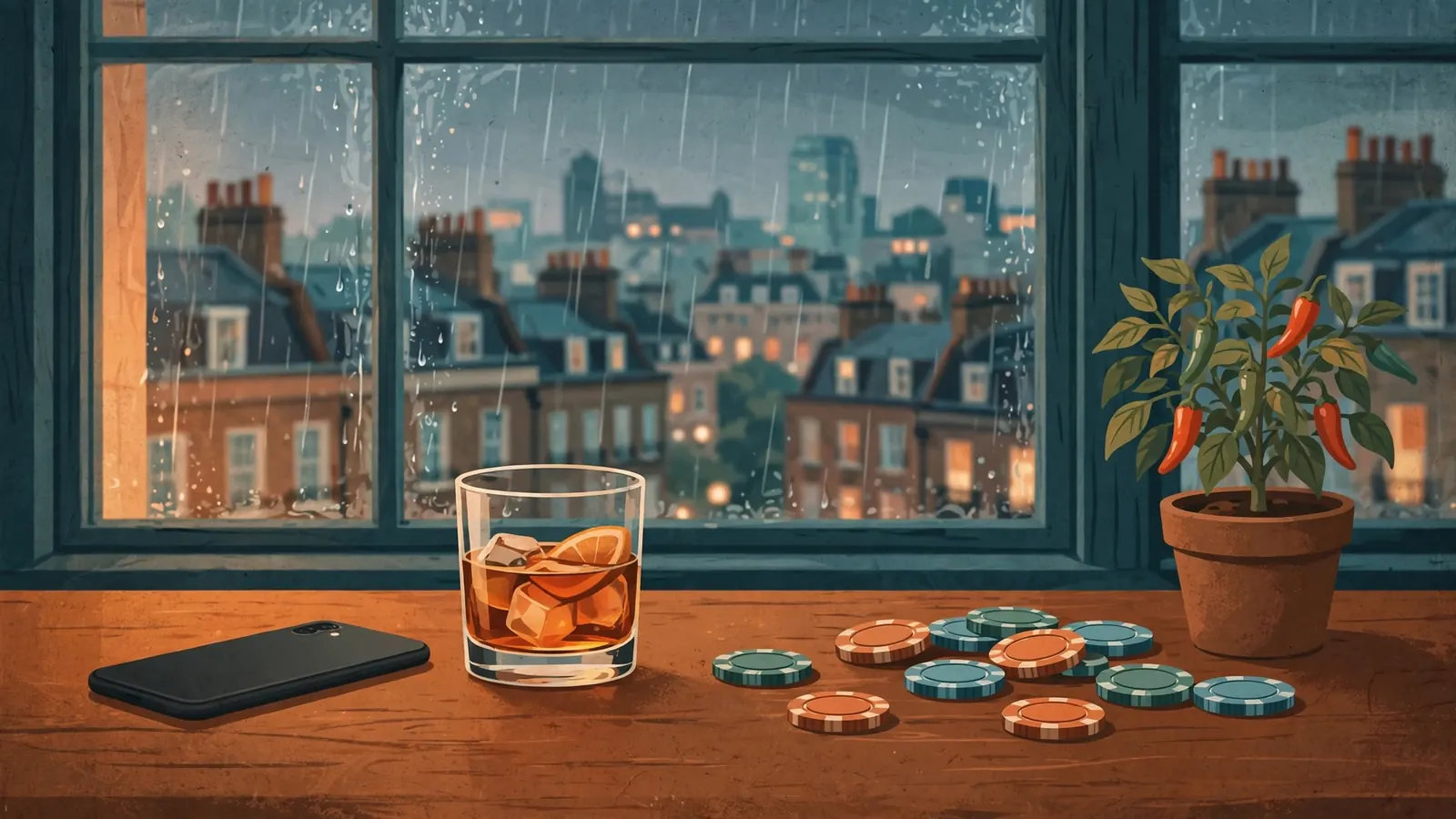 Stylized UK casino scene with phone, chips, whiskey and chili plant on wooden table.