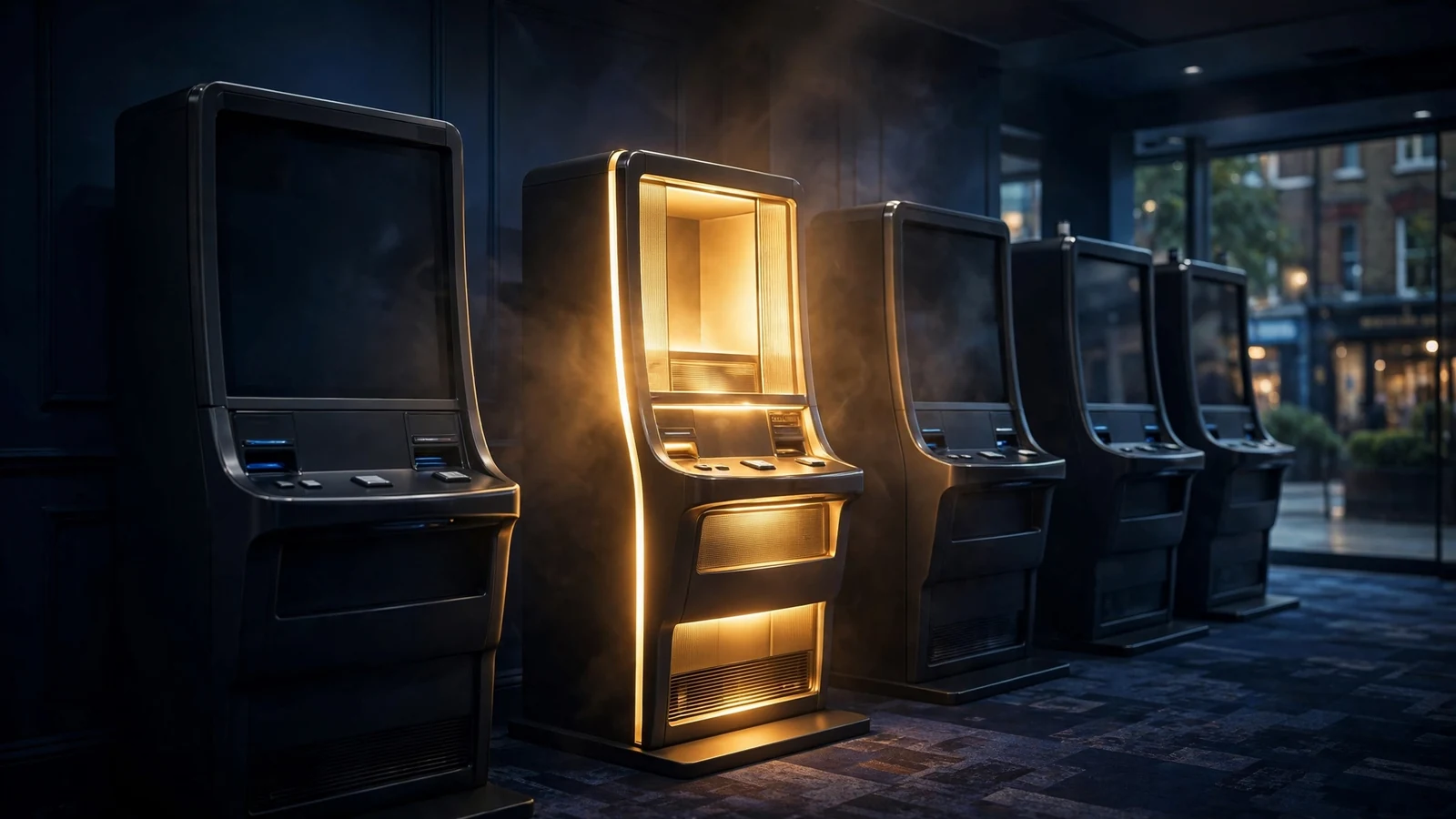 UK betting shop slot machines with dramatic moody lighting and a glowing payout moment