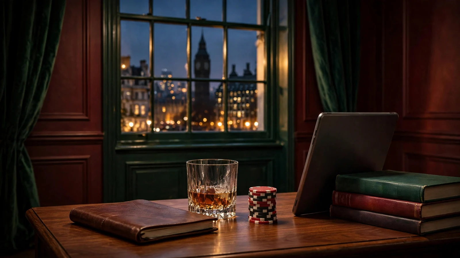 Stylish London townhouse scene with casino chips and a tablet at twilight
