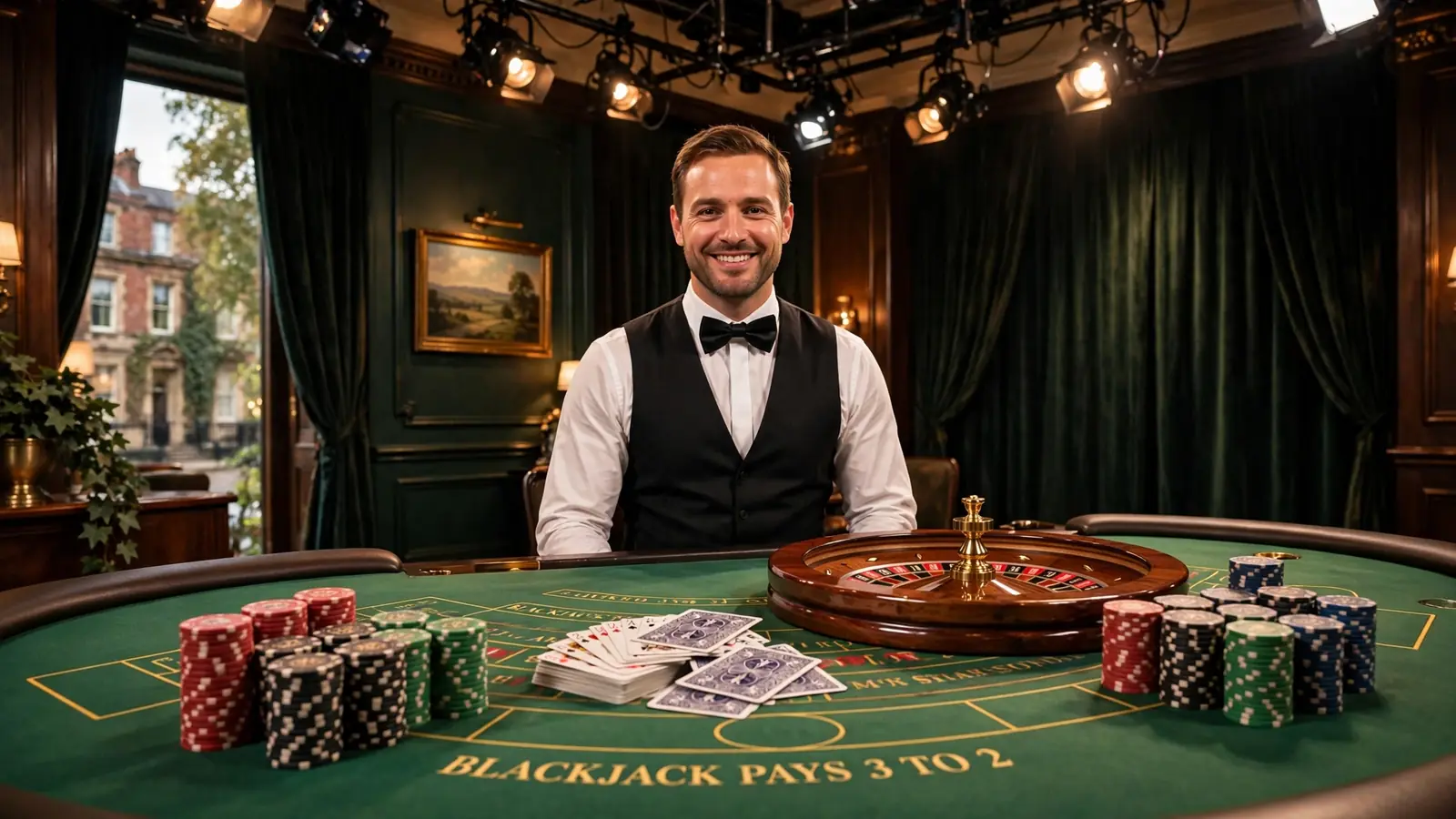 Professional dealer in a waistcoat standing behind a green felt table in a luxury live casino studio.