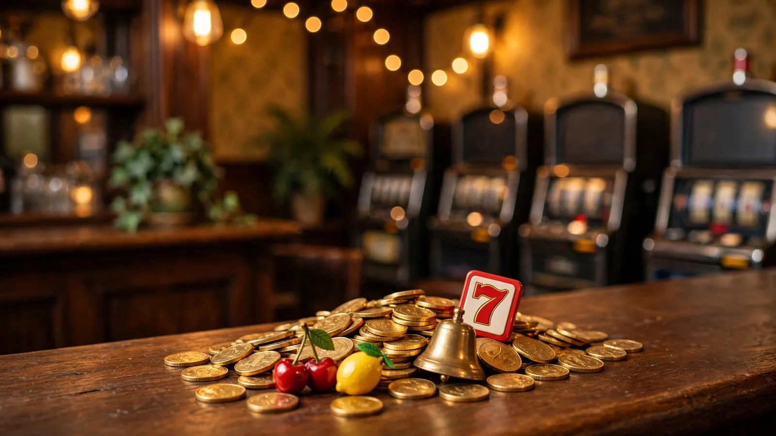 Golden coins and classic slot symbols on a British pub counter