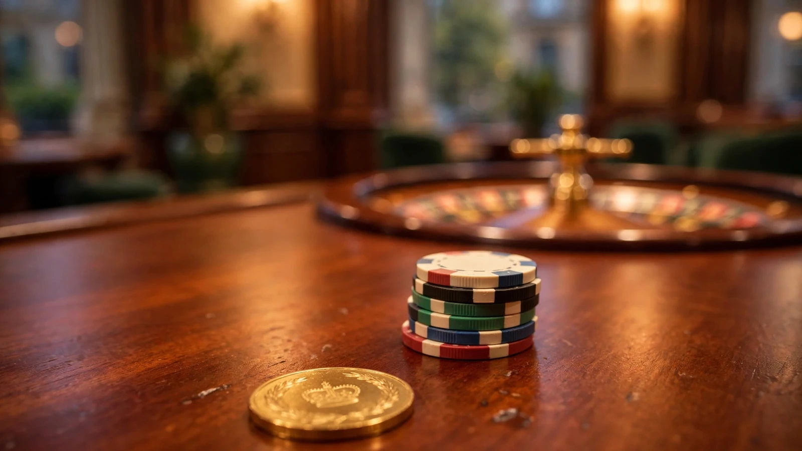 Small stack of colorful casino chips and a golden coin on a polished wooden casino table