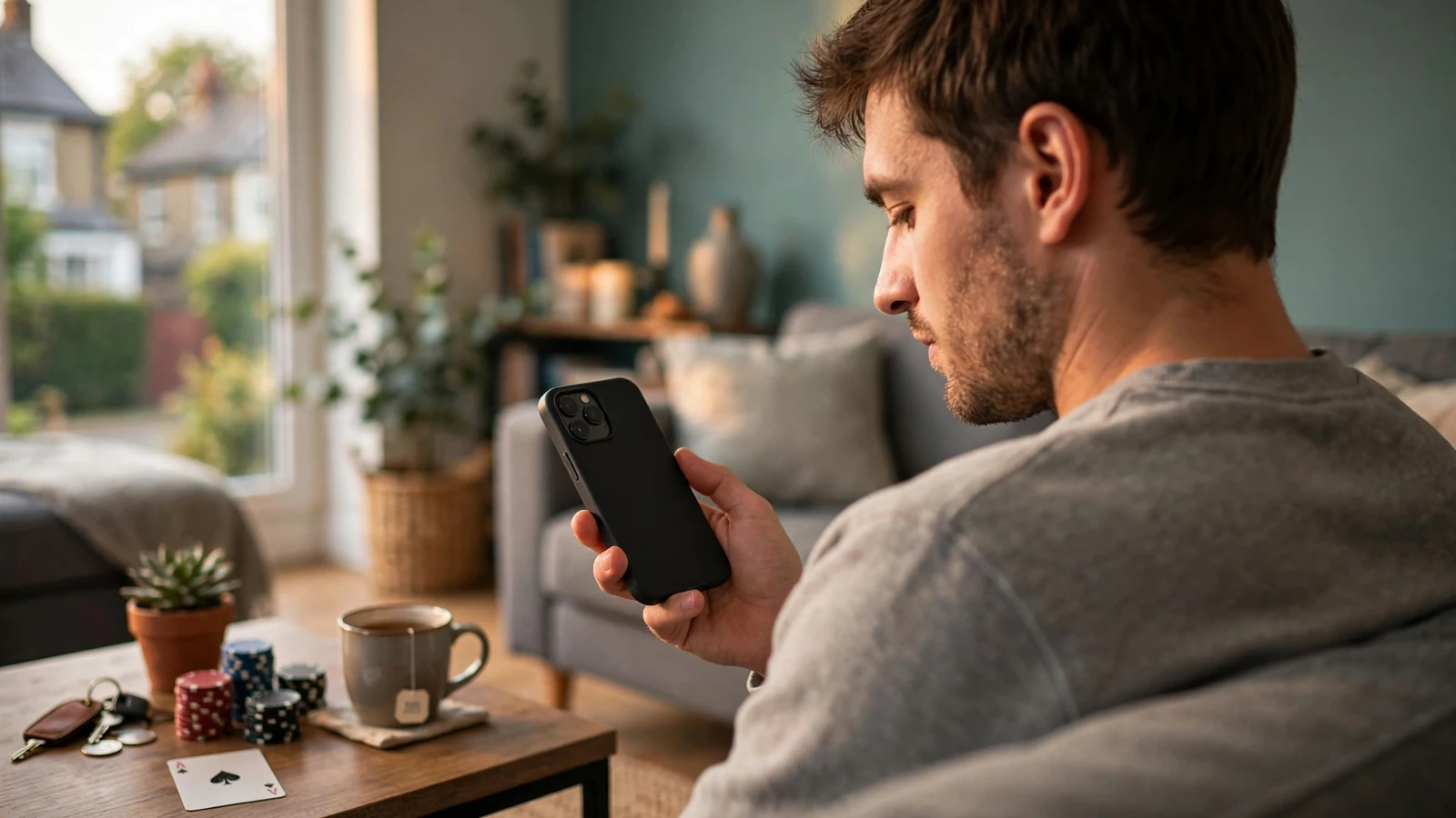 Person in UK living room holding a smartphone near casino chips on a table.