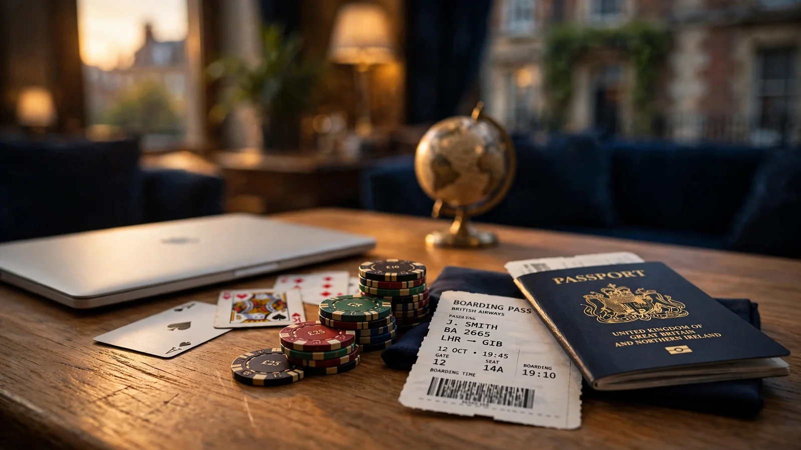 Closed laptop with casino chips, playing cards, British passport and boarding pass on a wooden desk