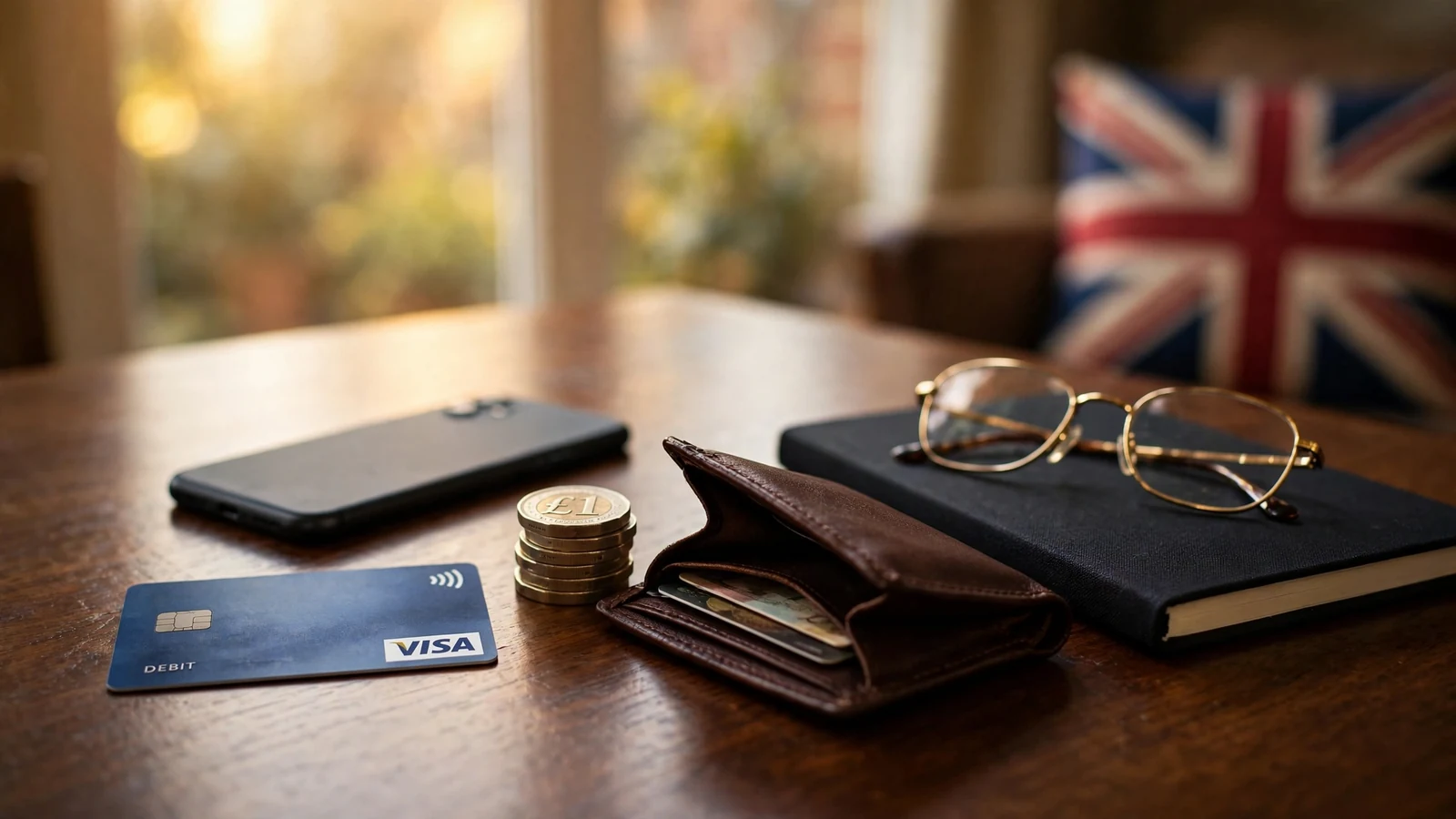 UK payment methods arranged on a wooden table under warm light