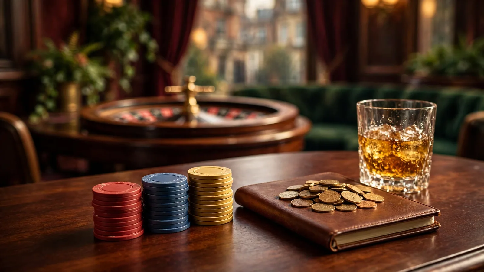 Stacked casino chips, roulette wheel, and British pounds on a polished mahogany casino table.