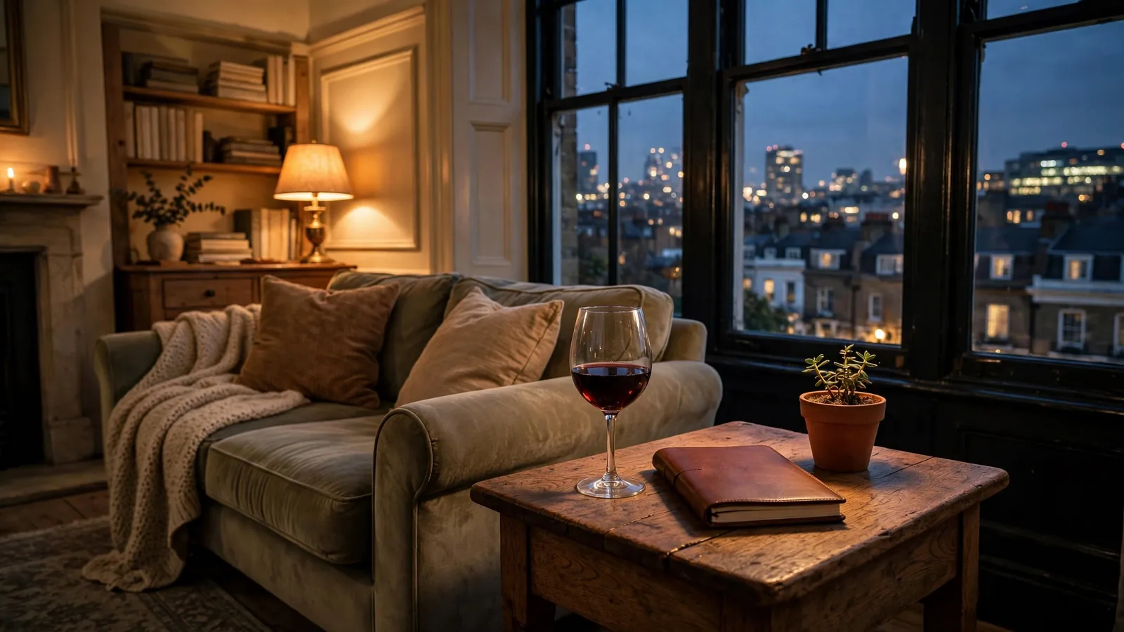Warm British living room scene suggesting responsible home gaming atmosphere at dusk.