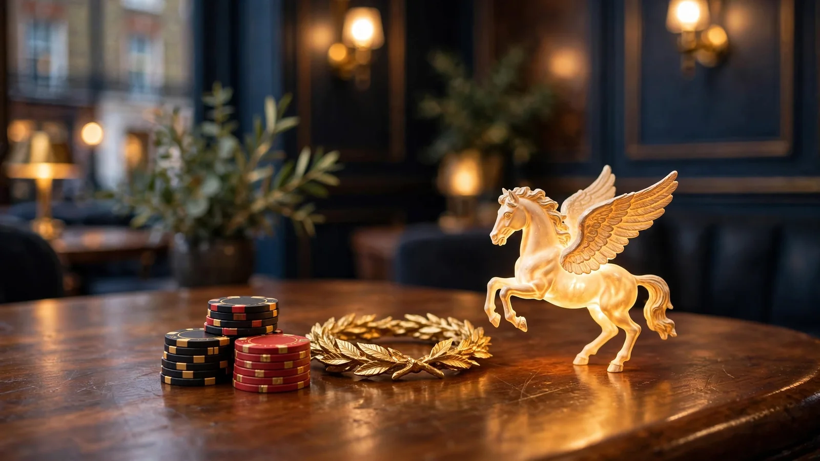 Casino chips and a golden pegasus figurine on a wooden table in a British gaming lounge.