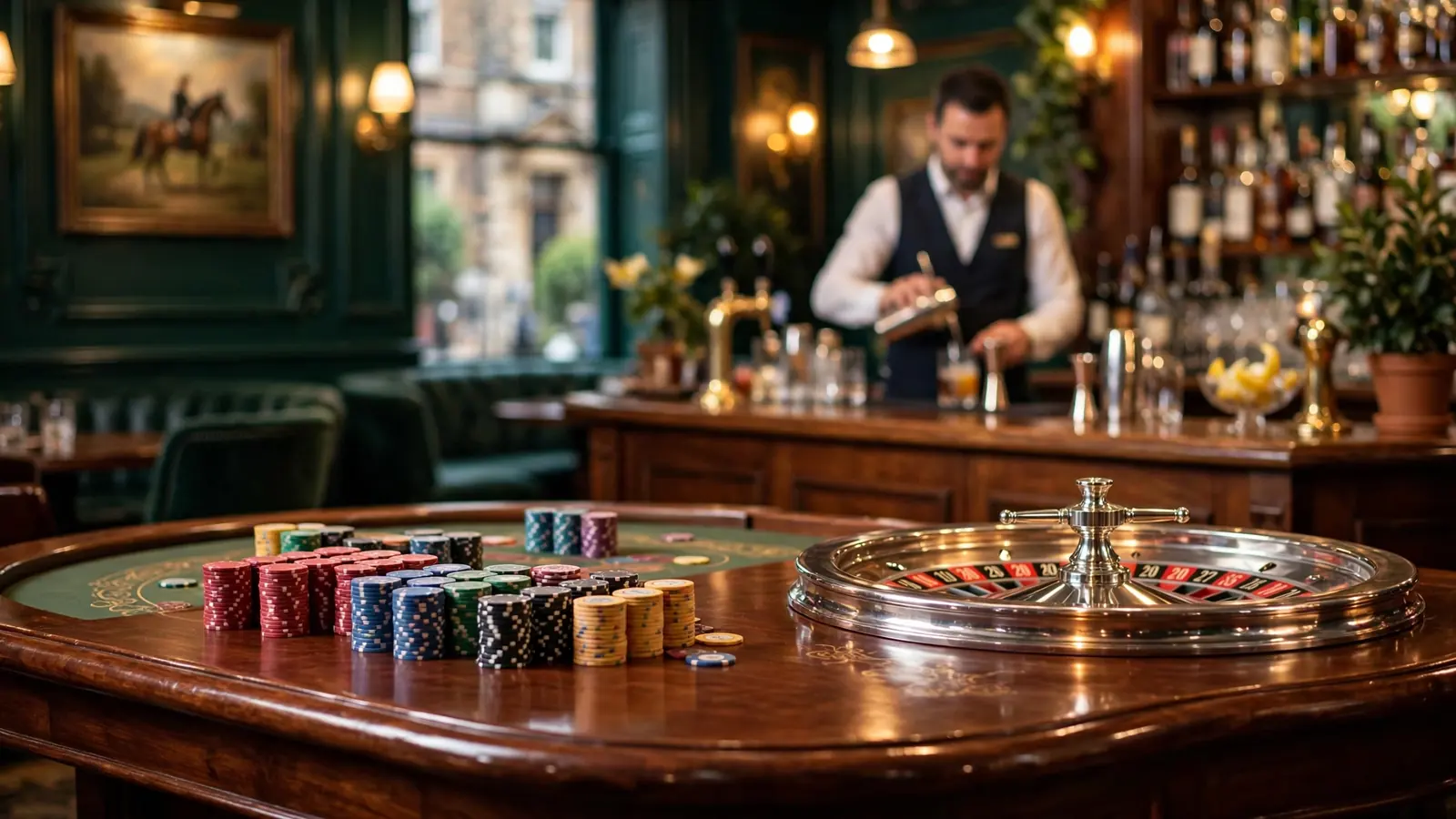 Casino table with chips and roulette wheel in a British gaming lounge