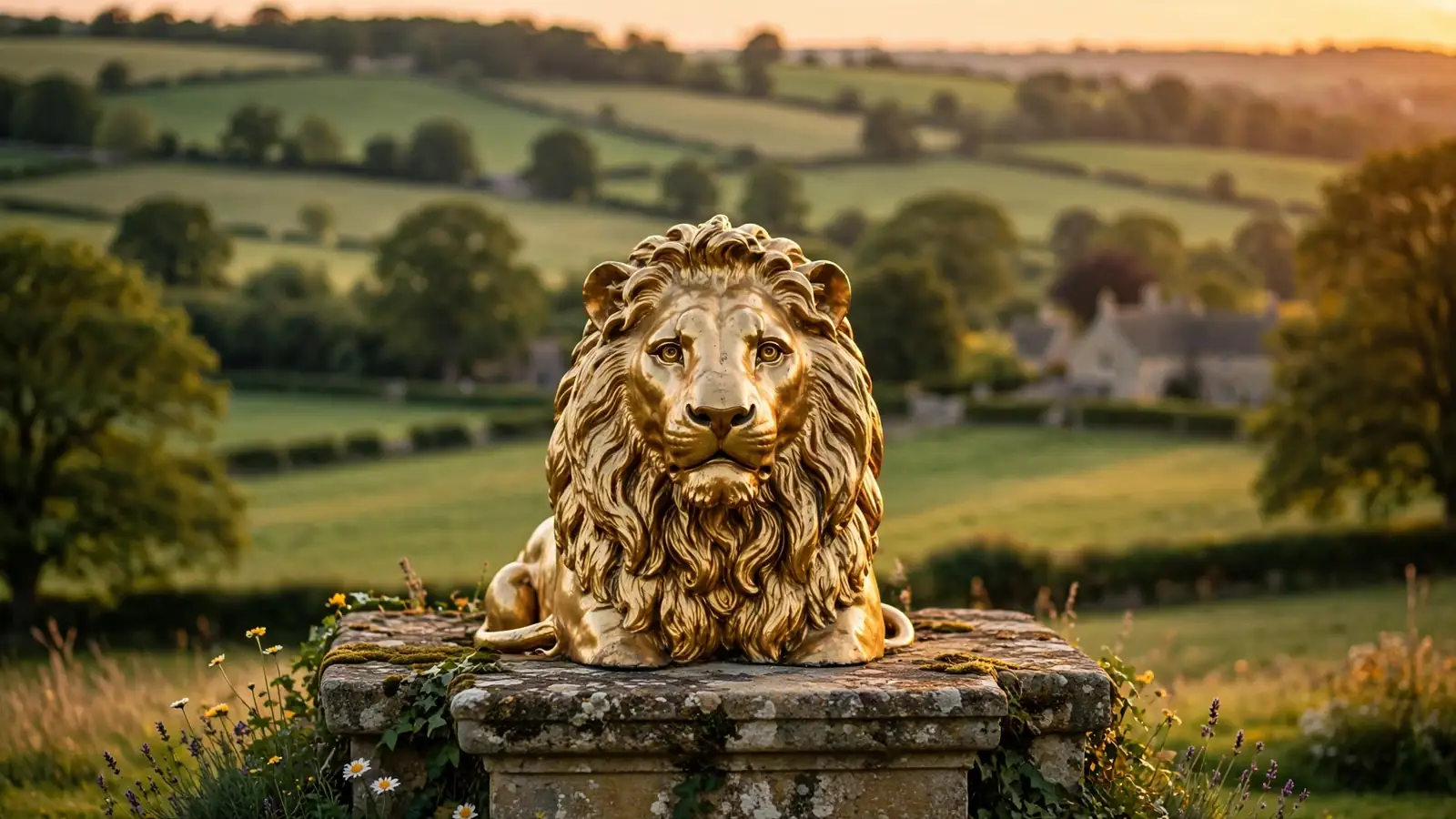 Golden lion statue against a soft English countryside sunset background