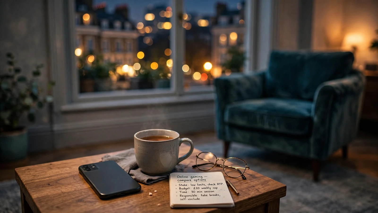 Smartphone face-down on a table in a warm London apartment interior at evening.