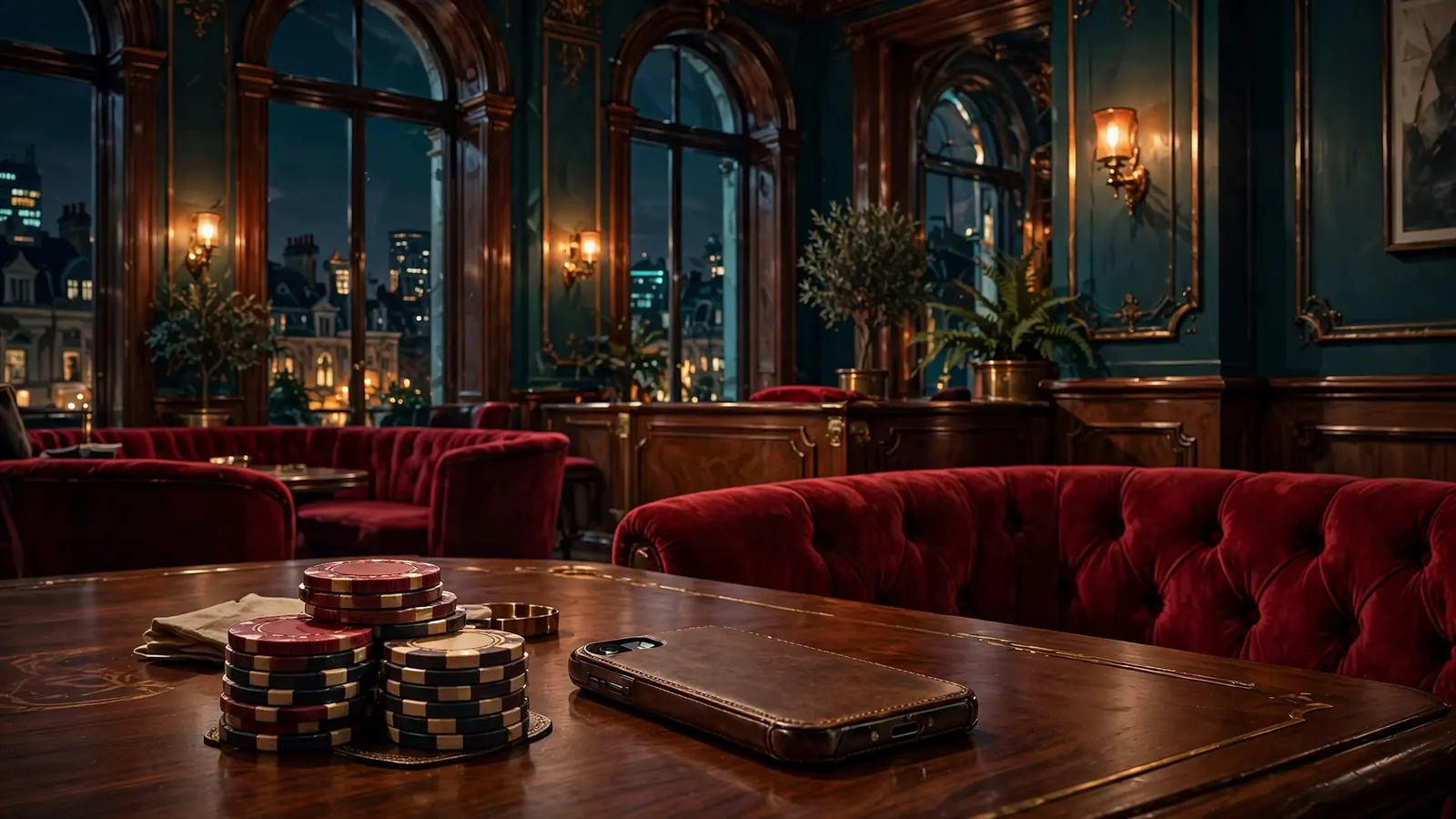 Luxurious UK casino lounge interior with chips and a turned-away phone
