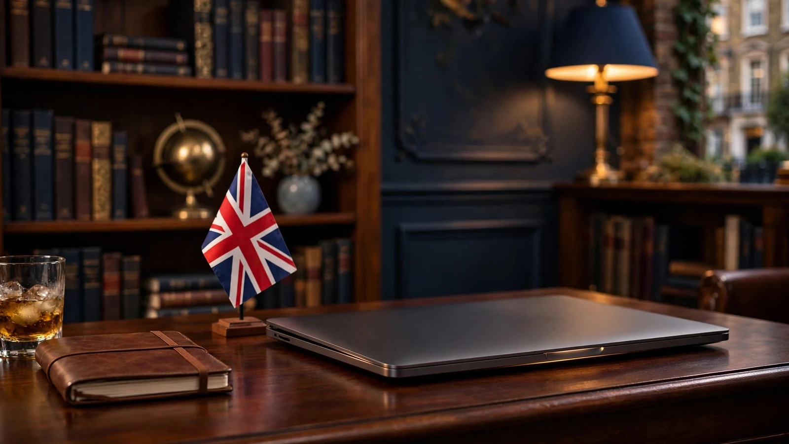 Laptop on a wooden desk in a London study with Union Jack flag and whisky glass